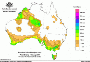 Rainfall across Australia for the week ending 15 July 2014.