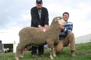 With their $20,000 sale ram were from left, Collandra North principals, Graeme Lawrie and his son Sydney, at Bendigo. 