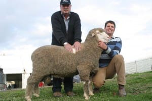 With their $20,000 sale ram were from left, Collandra North principals, Graeme Lawrie and his son Sydney, at Bendigo.