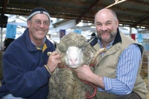 Ram buyer Bruce McDougall, left, paid $4400 for this ram from Coryule stud manager Craig Trickey at Ballarat