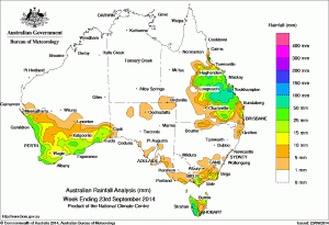 Rainfall received across Australia for the week to yesterday. Click on map to view in large format.