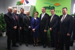 At the opening in Beijing were (from left) Sheepmeat Council president Ian McColl, ALEC chairman Peter Kane, MLA managing director Richard Norton, CCA president Andrew Ogilvie, Ian McColl, President, Australian ambassador to China Frances Adamson, Agriculture minister Barnaby Joyce, Qld agriculture minister John McVeigh and AMIC president David Larkin. 