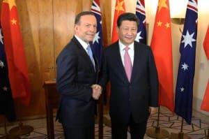 Australian Prime Minister Tony Abbott and President Xi Jinping at the signing of the ChAFTA in Canberra this afternoon.