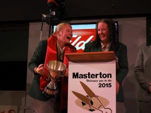 Jubilant trans-Tasman woolhandling test winners, Tara Smith, at left, with Sarah Moran at the GoldenShears, Masterton, NZ. Picture: Golden Shears.