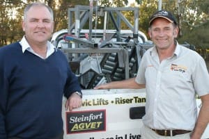 Australian Wool Innovation productivity and animal welfare project manager Geoff Lindon , left, with veterinarian  Dr John Steinfort at the Elders Balmoral Sire Evaluation field day.