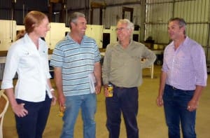 At the Merinotech RamSelect workshop were, from left, DAFWA sheep genetics development officer Meghan Cornelius, Tim House, Frank House and Ed Riggall.