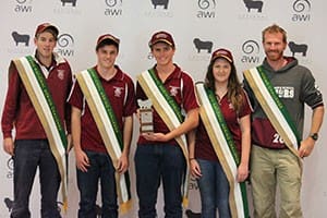 The Cummins Area School fielded the top National Merino Challenge 2015 secondary school team, from left, Alex Mahoney, Daniel Puckridge, Alex Boehm and Shenaia Palmer, with trainer James Pedler.