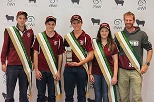 The Cummins Area School fielded the top National Merino Challenge 2015 secondary school team, from left, Alex Mahoney, Daniel Puckridge, Alex Boehm and Shenaia Palmer, with trainer James Pedler. 