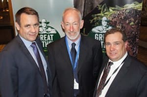At The Livestock Data Link launch were from left, MLA managing director Richard Norton, Victorian lamb producer Graham Sudholz and JBS Australia farm assurance supply chain manager Mark Inglis .