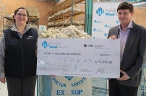 RFDS Fund Raising Events co-ordinator Rosemary Ferrari with AWN managing director John Colley with the wool auction cheque.