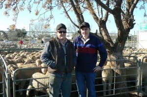 Austin and Harry Brown from Boika, with their parents Ian and Belinda Brown's Merino lambs that sold for $136 at Ouyen.