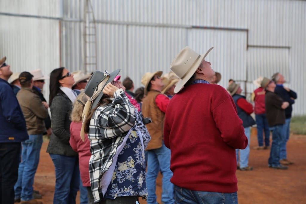 Landholders watch the demonstration on Walter and Christine McLean's Aberglassie property near Charleville, Qld. See image gallery at base of page
