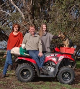 Kangaroo Island Wool family Ros, Mitch and Tasha Wilson with Mickey the Kelpie and a Merino lamb.