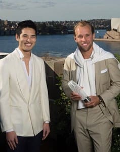 Woolmark Prize Australian menswear final winner Patrick Johnson, right, with a model.