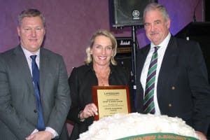 2015 Australian Fleece Compeition winner Georgina Wallace, with Landmark south-east wool manager Stephen Keys, left, and Trefusis Merino stud classer Andrew Calvert.