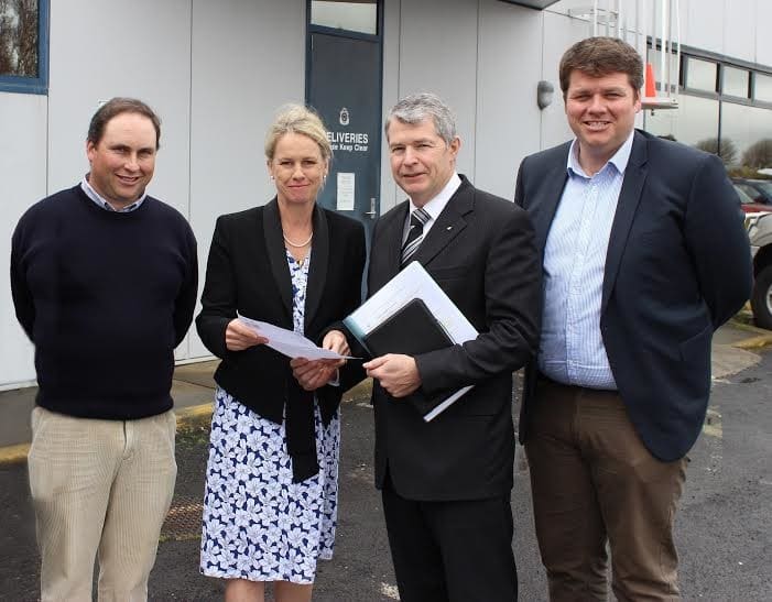 In Mount Gambier on Thursday, from left, Livestock SA member Lachie Haynes, Koppamurra, Assistant Health Minister Fiona Nash, SA Liberal Senator David Fawcett and Livestock SA southern region secretary Tom Dawkins, Naracoorte.