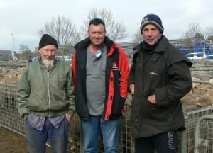 At the Ouyen sale were, from left, Frank Stone from Torrita, with Underbool producers Kieran Hayter and Steve Lynch. Mr Stone sold 40 crossbred suckers for the sale's equal top price orf $176.