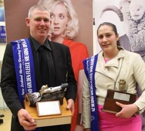 Six-time NZ Merino champion Damien Boyle, left, with open wool handling winner Pagan Rimene. Pic - Shearing Sports NZ.