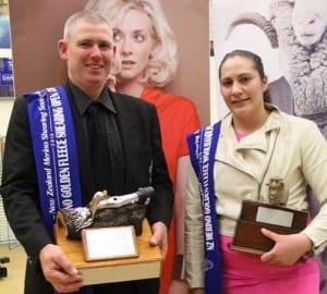 Six-time  NZ Merino champion Damien Boyle, left, with open wool handling winner Pagan Rimene. Pic - Shearing Sports NZ.