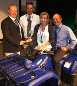 Lamb producers of the year Scott and Kate Bowden, from Bothwell, try out their new quad-bike prize with JBS Southern livestock manager Steve Chapman and their local JBS buyer, Drew Skinner. Click on image for a larger view.