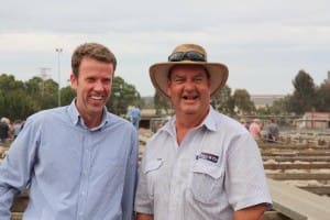 Member for Wannon Dan Tehan, left, and Hamilton Stock Agents Association president Craig Pertzel at the Hamilton saleyards.