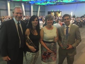 Sheep CRC CEO James Rowe, Telstra's Lavina Muscat, Sheep CRC's Lu Hogan and NSW DPI's Luke Stephen collected the CRCA Innovation Award for the RamSelect app
