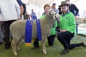 Fiona and Isobelle Cameron, Koonik Dohnes, Nurcoung, Victoria, with their junior champion ram at 2016 Australian Sheep and Wool Show, Bendigo.