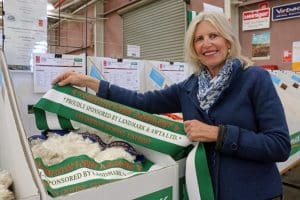 Margaret Pye with the champion Dohne fleece Bendigo 2016 Picture - Kim Woods.