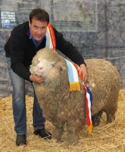 Wurrook stud principal Paul Walton with his supreme Merino ewe at the Bendigo show.