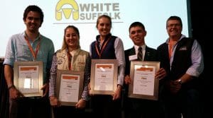 The Australian White Suffolk Association's Lambex Young Guns winners, from left, Steve Connaughton, Laura Wishart, Elise Bowen and Charlie Shadwell, with AWSA councillor Andrew Heinrich.