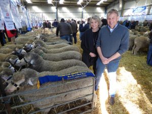 Moorundie Poll Merino Stud principals Bernadette and Geoff Davidson with their winning pen of 5 sale rams at Sheepvention.