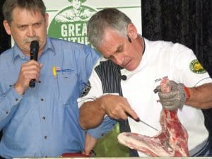 NSW DPI meat scientist David Hopkins left wioth MLA butcher Doug Piper at Lambex 2016.