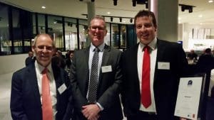 National Council of Wool Selling Brokers of Australia executive director Chris Wilcox, left, NCWSBA president Simon Hogan, and broker of the year Lachlan Dutton at the Wool Week dinner.