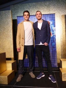 Australasian Young Designers Award 2016 winner Toby Andrews, right, with Lachlan Campbell modelling his winning entry.