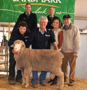 With the $10,000 at the Leahcim Poll Merino ram sale are Landmark auctioneers Richard Miller and Gordon Wood, and in thr front, from left, Alistair and Andrew Michael, and purchasers, Ada and Pepe Marin, Punta Arenas, Chile.