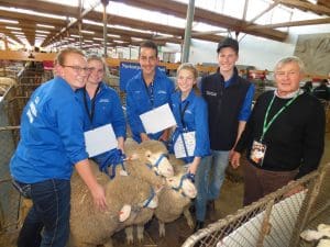 Orroroo Area School wether team, from left, teacher Sarah Hazel, Cassie Woolford, Corey Finlay, Madison Schute, Cooper Dignan, and Livestock SA president Geoff Power.