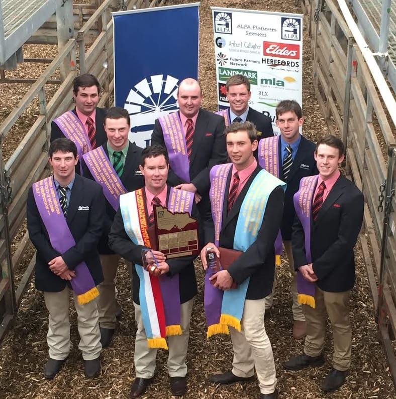 The young auctioneers, from left, in the back row, Sam Broomby, Elders Casterton; Murray Bennett, Landmark Wangaratta; Jamie Quinlan, Elders Pakenham; Dylan Praolini, Southern Grampians Livestock & Real Estate Hamilton; Ben McVean, Rodwells & Co Warrnambool.