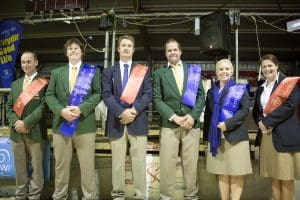 The Australian shearing-woolhandling team 2016. From left - blade shearers Ken French and John Dalla; machine shearers Jason Wingfield and Shannon Warnest, and wool handlers Sophie Huf and Mel Morris. Picture - Emma MacDonald.