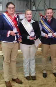 Meat Sheep Judging National 2016 winners, from left, champion Emma Jane Lovell, NSW; Kate Worth Queensland, third; and reserve champion Kayla Walker, Victoria. 