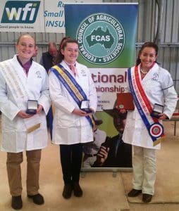 National-Merino-Judging-Competition-winners-from-left-third-Jesse-Morgan-Tasmania-reserve-champion-Ella-McCarthy-Victoria-and-champion-Brooke-Sewell-NSW