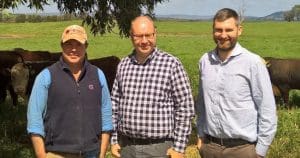 Welsh MEP Derek Vaughan, centre, with Injemira Beef Genetics' Marc Greening, left, and MLA's Josh Anderson.