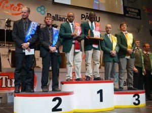 World b;lade shearing teams placegetters - South Africa first, New Zealand second and Australians Ken French and John Dalla third. Picture - Flick Wingfield.