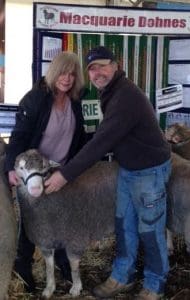 Carol Hale and Andrew Campbell with a Macquarie Dohne ram they bought at Sheepvention last year.