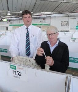 landmark Jackson of Geelong's Ted Wilson, left, with ultrafine wool grower David Rowbottom.