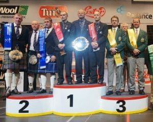 The world machine shearing teams placegetters - New Zealand first, Scotland second and Australias Shannon Warnest and Jason Wingfield third. Picture - Flick Wingfield.