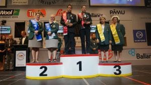 The world woolhandling teams winners - New Zealand first, Australians Mel Morris and Sophie Huf second and Cook Islands third. Picture - Flick Wingfield.